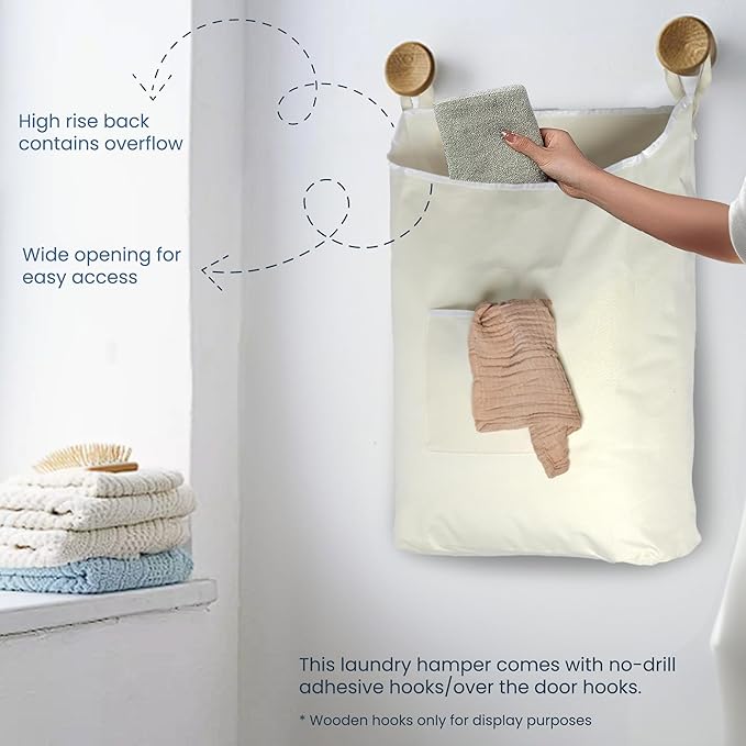 The Fine Living Co. Hanging Laundry Hamper with Over Door Hooks & Adhesive, Durable Space Saving Laundry Bag with Zipper and Wide Open Top, Hanging Dorm Laundry Hamper 18"x4.75"x28" (Beige-L)-Ruum Studio Home