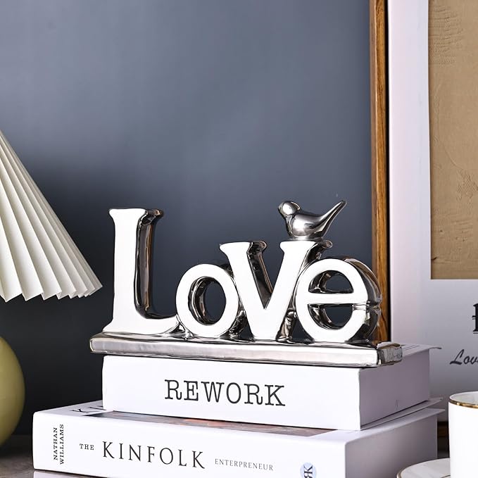 Love Sign Decoration,White and Silver Love Signs for Home Decor Statue,Bird Sculpture Personalized Love Decor,Chrome Style Figurine Decorative Ornaments for Living Room,Bedroom (2 Pcs, White+Silver)-Ruum Studio Home