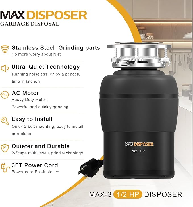 Garbage Disposal 1/2 HP Easy install Quiet with Stopper Power Cord, Kitchen sink Food Waste Disposer Continuous Feed, Stainless Steel Grind Half Horsepower AC Motor Unit (MAX-3)-Ruum Studio Home
