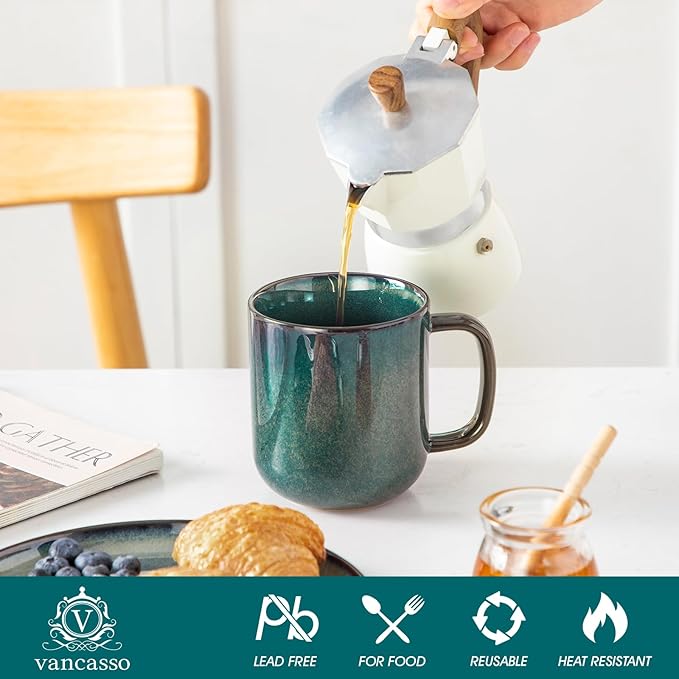 vancasso STARRY Coffee Mugs Set, 16 oz Ceramic Coffee Cups for Americano Hot Tea Iced Coffee Cold Brew Cocoa Milk Stoneware Mugs Set of 6, Dishwasher & Microwave Safe, Green-Ruum Studio Home