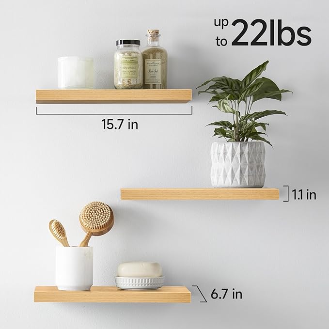 BAYKA Floating Shelves for Wall, Wall Mounted Rustic Wood Shelves for Bathroom, Bedroom, Living Room, Kitchen,Small Hanging Shelf for Books/Storage/Room Decor (Oak-Toned, Set of 3, 15.7in)-Ruum Studio Home