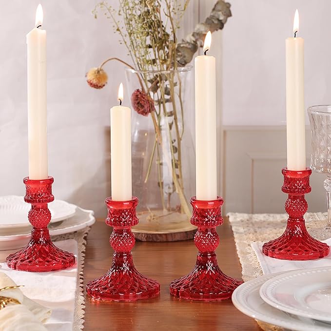 12Pcs Red Candlestick Holders Set- 4" H Taper Candle Holders Bulk, Glass Candle Holders for Activities, Party, Romantic Dinner Table Centerpieces, Festival Gifts & Windowsill Decor-Ruum Studio Home