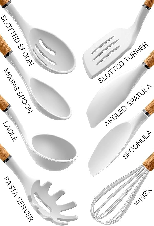 Country Kitchen Non Stick Silicone Utensil Set with Rounded Wood Handles for Cooking and Baking, 8 Piece Set, White-Ruum Studio Home