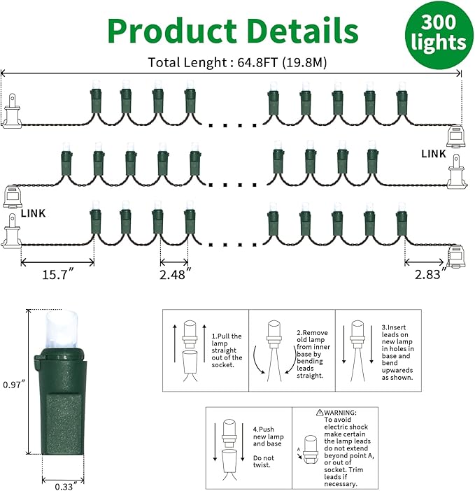 White Wide Angle LED Christmas Lights, 64.8 Ft 300 Count, Pack of 3 Strands 21.9 Ft 100 Lights UL Certified Commercial Grade Green Wire 5mm Holiday String Light-Ruum Studio Home