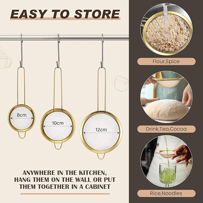 Norme 4 Quart Stainless Steel Gold Colander and 3 Pcs Gold Fine Mesh Strainer, Stainless Steel Pasta Rice Food Metal Strainer with Handles, Easy Clean and Dishwasher Safe-Ruum Studio Home