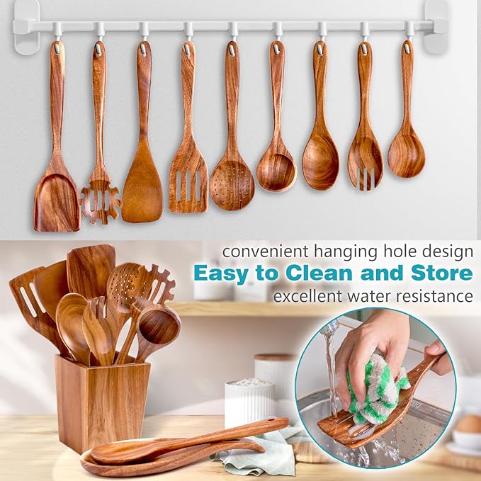 Wooden Spoons for Cooking, Acacia Wood Cooking Utensils Set – 11 Piece Wooden Kitchen Tools with Holder, Spoon Rest, Nonstick Cookware Safe by HOWHONG-Ruum Studio Home