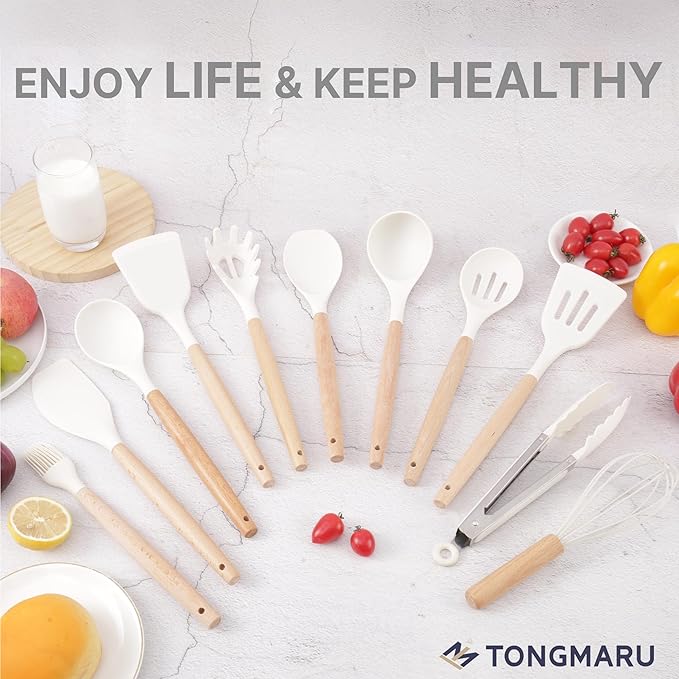 Silicone Cooking Utensils Set, Premium Beech Wood Handle Kitchen Gadgets Utensil Set, Non-Stick Kitchen Utensils Spatula, Tongs, Turner, Whisk, Brush, Spoon, BPA FREE, 446°F Resistant (White)-Ruum Studio Home