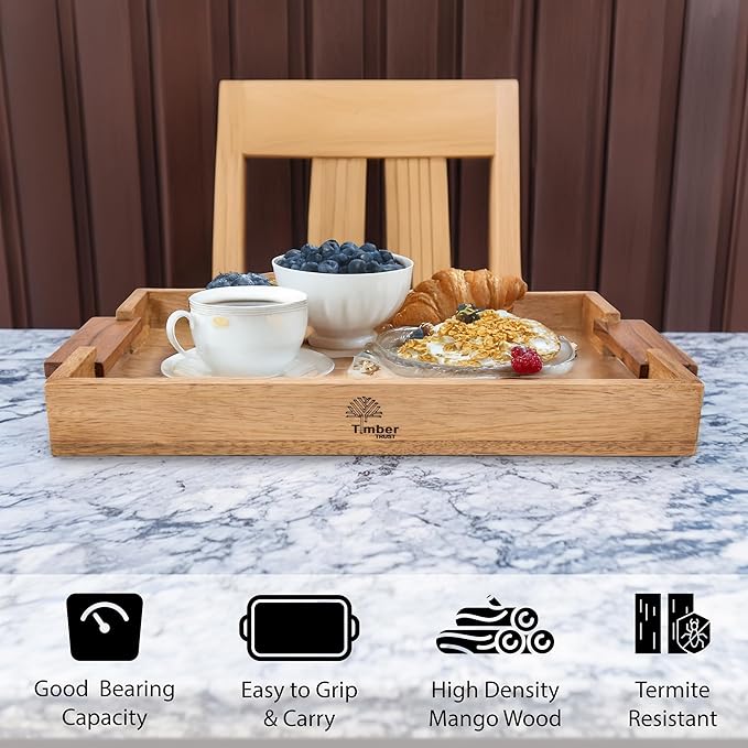 Mango Acacia Wood Serving Trays with Handles – Set of 2 Large Decorative Wooden Trays for Breakfast in Bed, Dinner, Snacks, Coffee Table, Ottoman, Couch & Patio Party – (16x10x1.75 & 8x12x1.75) Inches-Ruum Studio Home