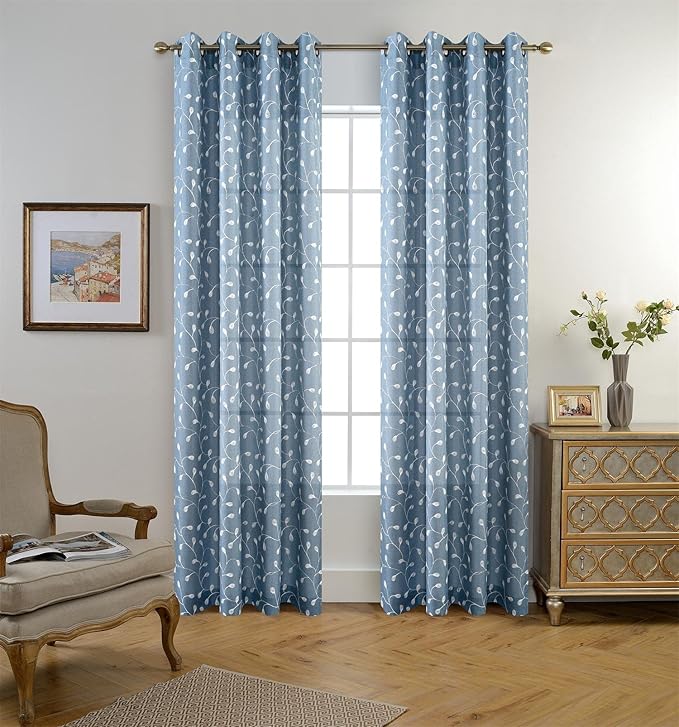 MIUCO Floral Embroidered Semi Sheer Curtains Faux Linen Grommet Window Curtain for Living Room 52 x 84 Inch 2 Panels, Dusty Blue-Ruum Studio Home