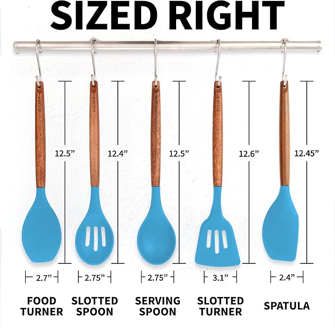 Zulay Kitchen Non-Stick Cooking Utensils Set with Authentic Acacia Wood Handles – 5-Piece Durable & Stylish Silicone Kitchen Utensils Set – Heat Resistant to 464°F – Blue-Ruum Studio Home