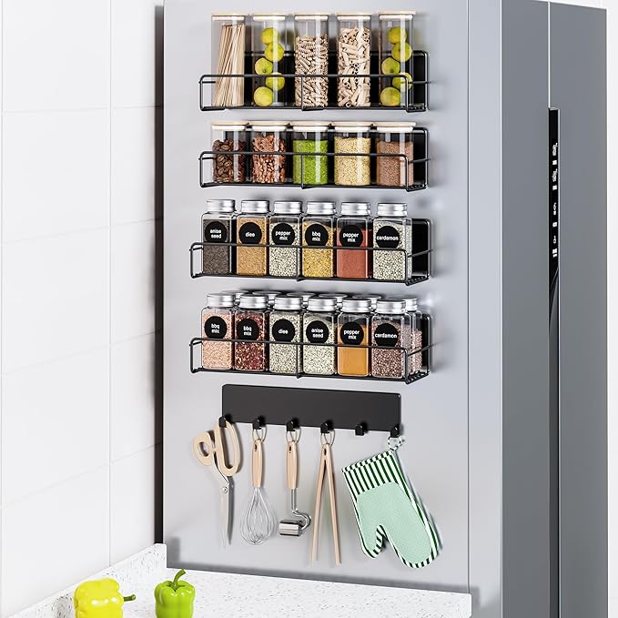 5-Pack Moveable Magnetic Spice Rack Organizer With 6 Hooks for Refrigerator, Metal Fridge Shelf, Black-Ruum Studio Home