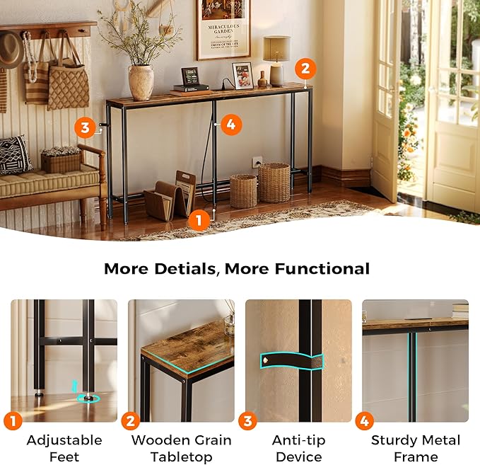 SUPERJARE Console Table with Outlet, 63 Inch Sofa Table with Charging Station, Narrow Entryway Table, Behind Couch Table, for Living Room, Plants - Rustic Brown-Ruum Studio Home
