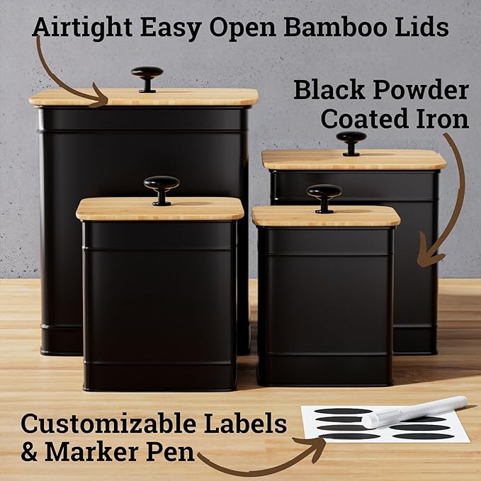 Kitchen Canisters for Countertop Set of 4 with Customizable Chalkboard Labels & Marker Pen - Big Iron Kitchen Canisters with Airtight Lids - Black Canister Set - Flour and Sugar Containers Farmhouse-Ruum Studio Home