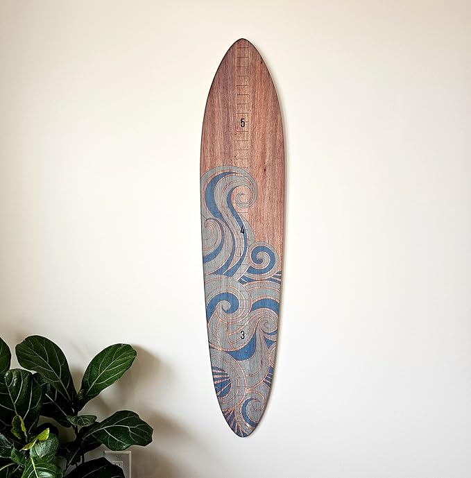 Wooden Surfboard Wall Decor Growth Chart - Surf Board Wall Decor for Kids Room, Wooden Growth Chart for Wall, Surfboard Wall Art, Surfboards for Decoration - Blue Wave (9.5"x 45")-Ruum Studio Home