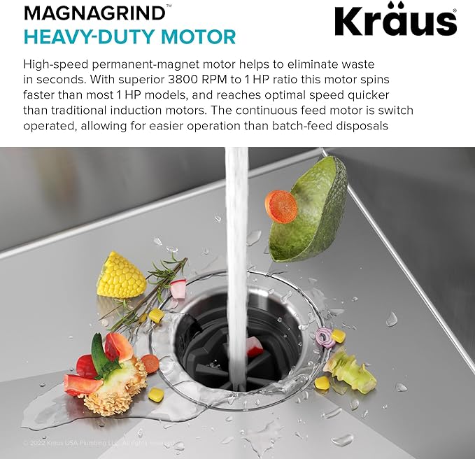KRAUS WasteGuard High-Speed 1 HP Continuous Feed Ultra-Quiet Motor Garbage Disposal with Power Cord and Flange Included and Universal Mount, KWD200-100MGR-Ruum Studio Home