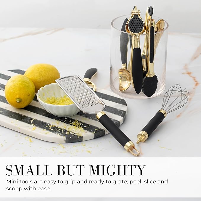 Black and Gold Kitchen Utensils - Luxe 8-Piece Gold Kitchen Tools Set with Can Opener, Pizza Cutter, Peeler, Mini Whisk, and Tongs - Stylish Accessories for Modern Cooking and Ideal for Gifting-Ruum Studio Home