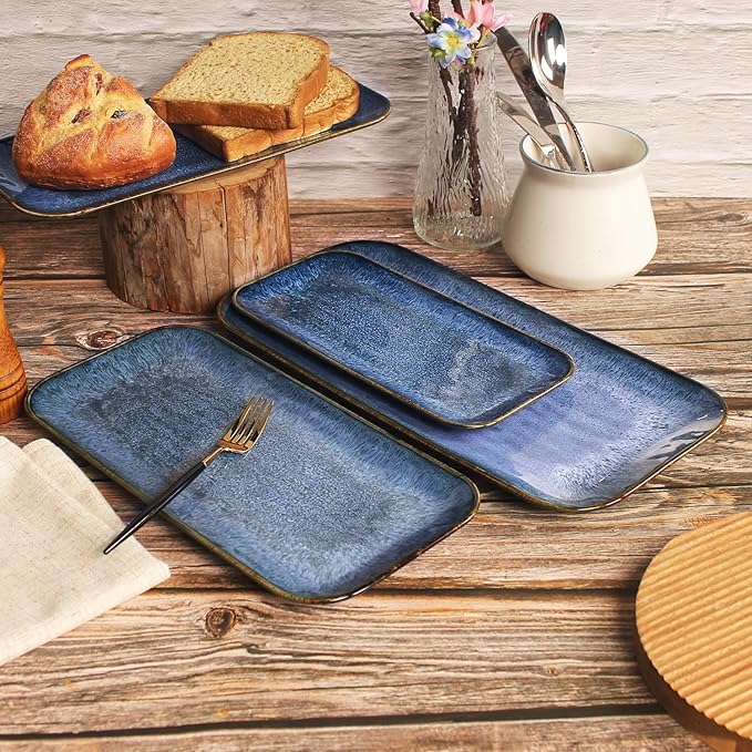 Porcelain Dinner Plates set dessert salad dish Set of 4,Main Dish for Steak,Bread, Pasta,Salad, Microwave Oven and Dishwasher Safe,Scratch Resistant Reusable 9.8 INCH Rectangular-Ruum Studio Home