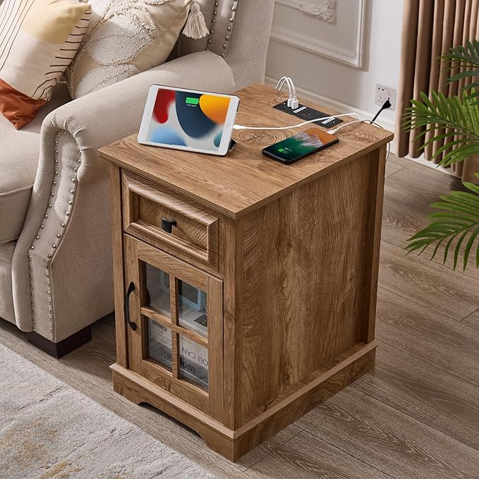 Farmhouse XXL End Table with Charging Station, Side Table with USB Ports and Outlets, Nightstand with Drawer and Glass Door Storage, Log Color Bedside Tables for Living Room, Bedroom, Office-Ruum Studio Home