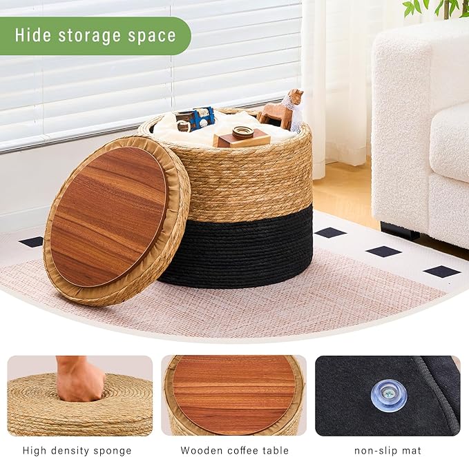 Wimarsbon 18'' Ottoman Pouf, Natural Braided Poof, Rustic Handweave Lounge Pouffe, Boho Footrest Stool for Bedroom, Accent Table for Living Room (Storage - 18inch Cattail+Black Corn Husk L)-Ruum Studio Home