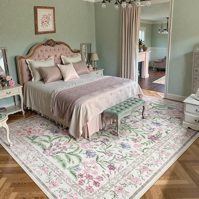 Wonnitar Purple Floral 8x10 Area Rugs, Washable Rug for Living Room, Soft Ultra-Thin Non-Shedding Large Indoor Boho Carpet for Bedroom Nursery Playroom Classroom Decor, Light Purple/Pink-Ruum Studio Home