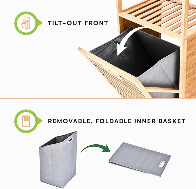 Prosumer’s Choice Bamboo Tilt-Out Laundry Hamper with 2-Tier Storage Shelves – Freestanding Clothes Hamper with Removable Liner, Space-Saving Design for Bathroom or Bedroom – 15.5”L x 11.8”W x 37.4”H-Ruum Studio Home