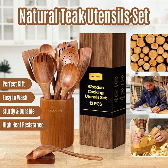 Wooden Spoons for Cooking, 12PCS Teak Wooden Kitchen Utensil Set with Spoon Rest - Smooth Finish, Non-Stick, Comfortable Grip, Heat Resistant Cooking Utensils Set-Ruum Studio Home