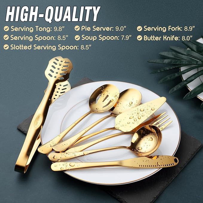 Gold Serving Utensils, OGORI 15-Piece Stainless Steel Gold Serving Utensils Set Include Serving Spoons, Slotted Serving Spoons, Serving Tongs, Serving Forks, Butter Knife, Soup Ladle, Pie Server-Ruum Studio Home