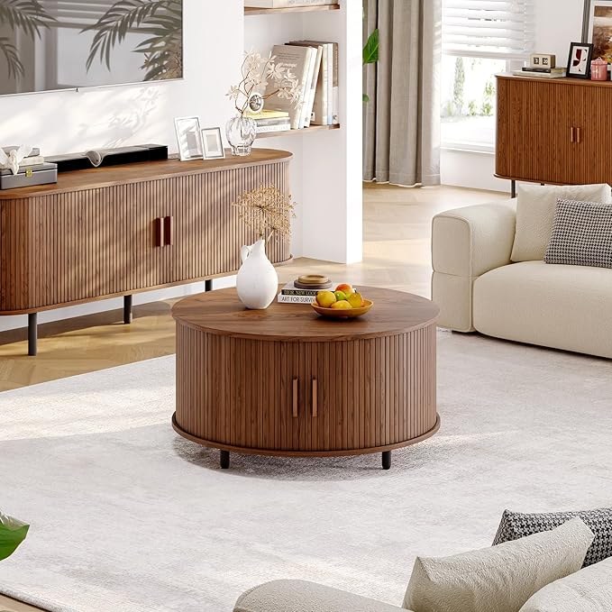 Round Coffee Table with Storage, 31.5" Modern Coffee Table with 360° Curved Sliding Door, Fluted Wood Accent Coffee Table with Adjustable Footpads, Round Center Table for Living Room, Walnut-Ruum Studio Home