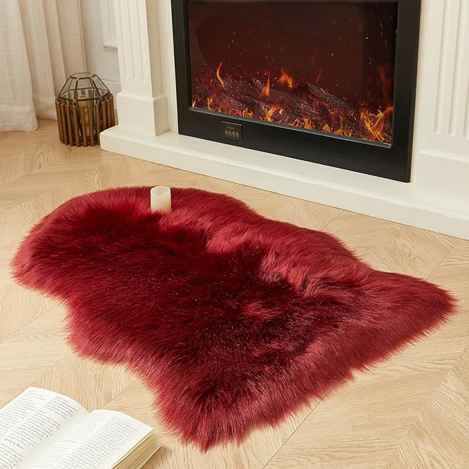 AMTOVO Faux Fur Rug, Burgundy Small Area Rug, Fluffy Sheepskin Rug, Fuzzy Ultra Soft 2 x 3 ft Shag Rugs for Bedroom Sofa Throw Cushion Room Decor, Sheepskin-Ruum Studio Home