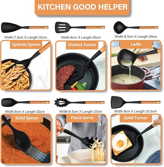 Silicone Cooking Utensils Set, 6 Pack Large Kitchen Utensils Set with Wooden Handle, Heat Resistant Silicone Utensil Spatula Set for Nonstick Cookware, Spatula, Turner, Spoon, Ladle BPA Free (Black)-Ruum Studio Home
