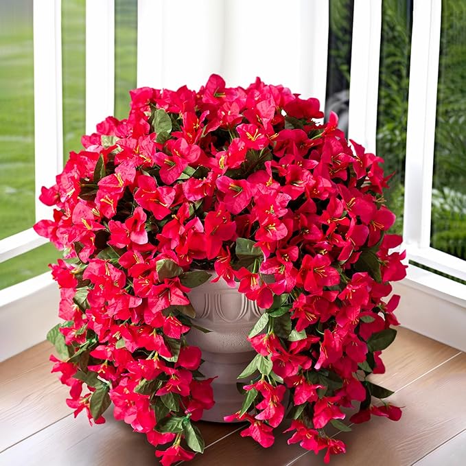 Faux Bougainvillea Artificial Flowers Plants for Outdoors Outside Decoration, 2 PCS Fake Flowers Silk Long Trailing Vines UV Resistant Realistic for Front Door Porch Planter Urn Patio Balcony Hot Pink-Ruum Studio Home