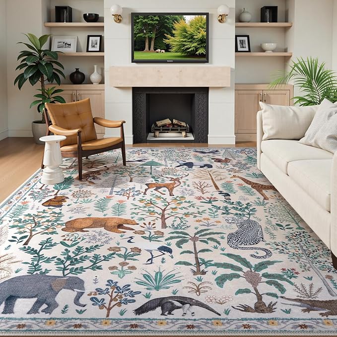 OJIA Jungle Living Room Rug 9x12 Washable Rugs for Bedroom, Ultra-Thin Modern Beige Non-Shedding Large Area Rug Playroom Rug Non-Slip Stain Resistant Accent Carpet for Kids Room Dining-Ruum Studio Home
