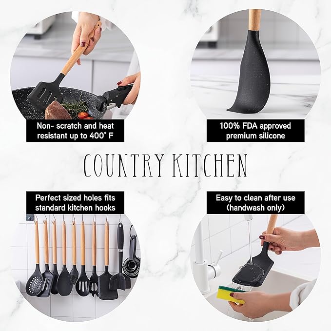 Country Kitchen Non Stick Silicone Utensil Set with Rounded Wood Handles for Cooking and Baking, 38 Piece Set, Black-Ruum Studio Home