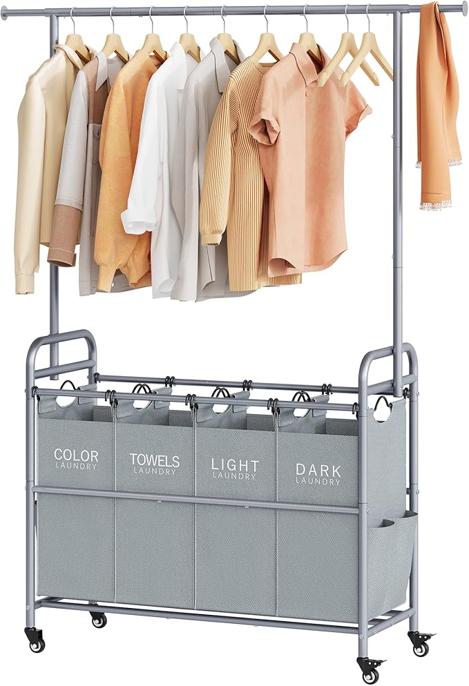 Tajsoon Laundry Sorter with Hanging Bar, 4 Section Rolling Laundry Hamper with Heavy Duty Lockable Wheels, Laundry Sorter Cart for Bathroom & Bedroom, Gray-Ruum Studio Home