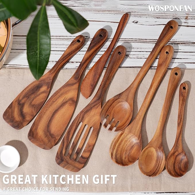 Wooden Cooking Utensils Set, 9 PCS Teak Wood Spoons, Spatula, Slotted Spoon, Handmade Modern Kitchen Utensils-Ruum Studio Home
