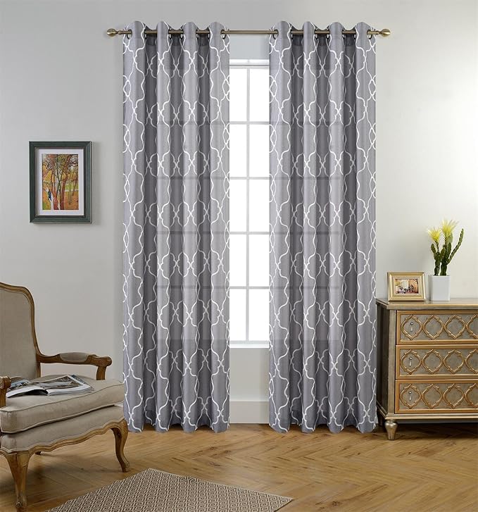 Miuco Moroccan Embroidered Semi Sheer Curtains Faux Linen Grommet Curtain Panels for Bedroom 52 x 95 Inch 2 Panels, Grey-Ruum Studio Home