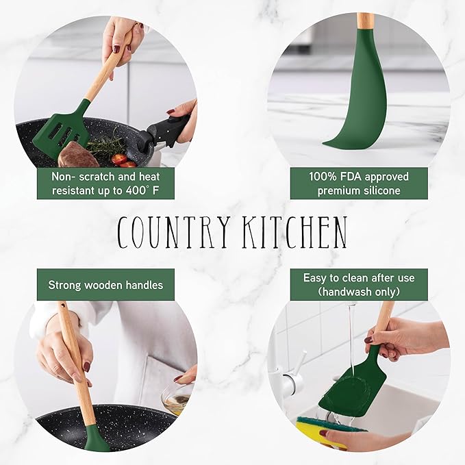 Country Kitchen Non Stick Silicone Utensil Set with Rounded Wood Handles for Cooking and Baking, 14 Piece Set, Green-Ruum Studio Home