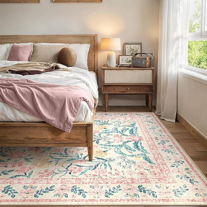 Wonnitar Machine Washable 10x14 Area Rugs, Large Living Room Rug Floral Pink and White Carpet, Boho Soft Ultra-Thin Foldable Carpets for Bedroom Dining Room Office-Ruum Studio Home