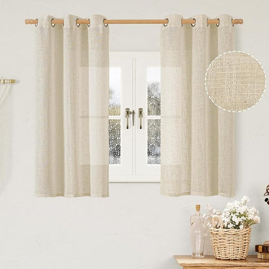 LAMIT Natural Linen Semi Sheer Curtains 48 Inch for Short Windows, Light Filtering Curtains Farmhouse Boho Bronze Grommet Drapes for Kitchen/Loft Room, 2 Panels (34 x 48 Inch, Linen)-Ruum Studio Home