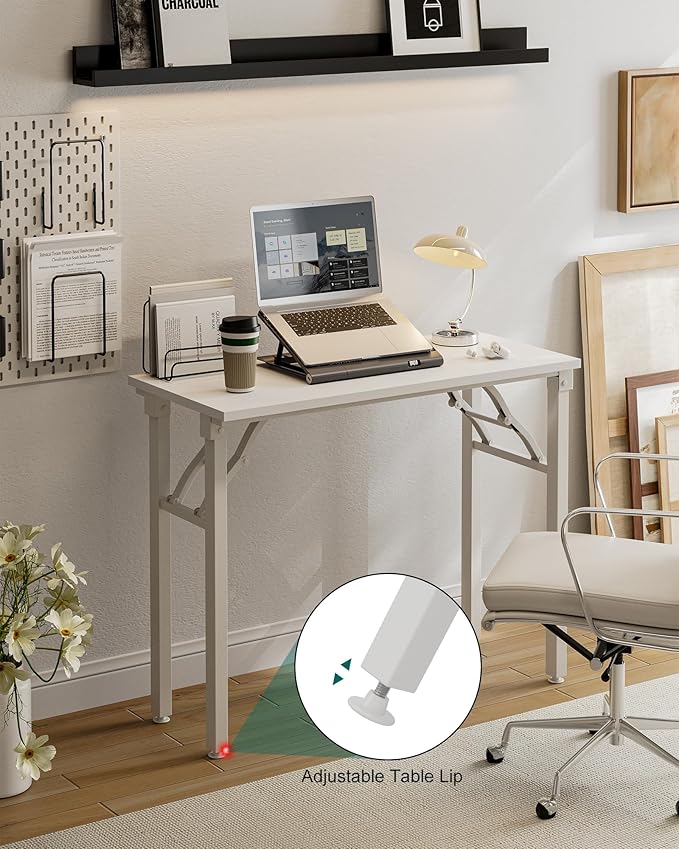 Frylr Small Folding Computer Desk β 35.8 Inch Portable Table for Craft and Study, Lightweight Desk for Small Spaces, Foldable Laptop Table Built-in AC/USB Outlets for Convenience, White