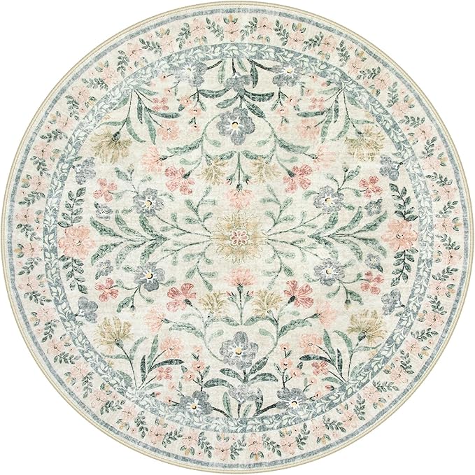 Wonnitar Round Washable Rug, Soft Floral Round Rugs 5ft Circle Carpets for Bedroom Ultra-Thin, Boho Beige Print Distressed Circular Carpet for Living Room Dorm Bedside-Ruum Studio Home