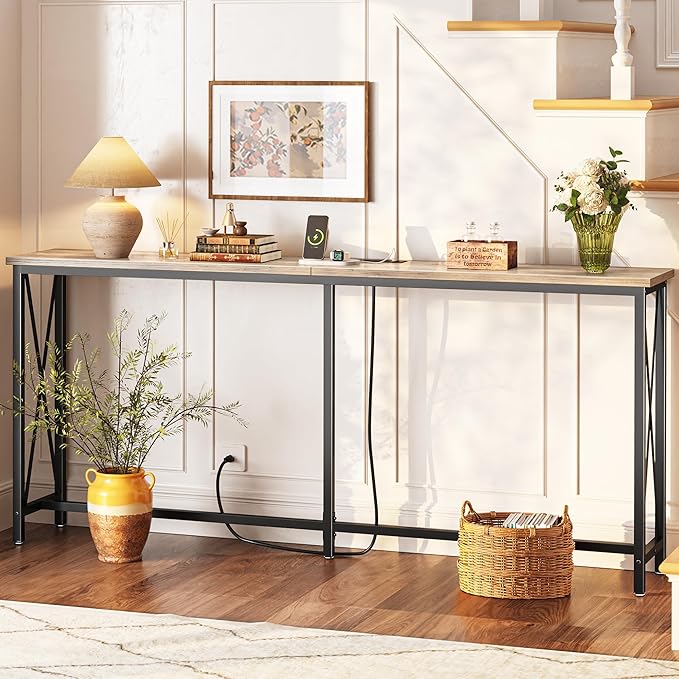 SUPERJARE 70 Inch Console Table with Outlets and USB-C Port, Extra Long Behind Couch Sofa Table with X-Shaped Design, Narrow for Entryway, Living Room, Metal Frame, Wooden Top, Grey Oak-Ruum Studio Home