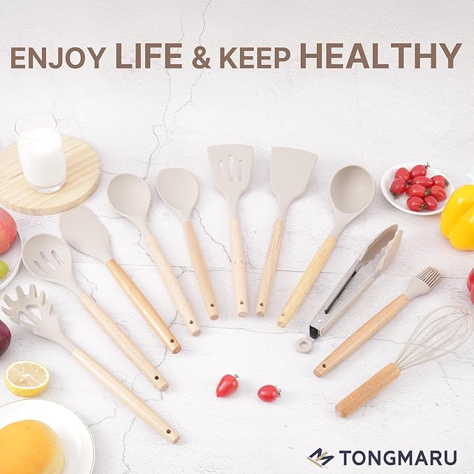 Silicone Cooking Utensils Set, Premium Beech Wood Handle Kitchen Gadgets Utensil Set, Non-Stick Kitchen Utensils Spatula, Tongs, Turner, Whisk, Brush, Spoon, BPA FREE, 446°F Resistant (Khaki)-Ruum Studio Home