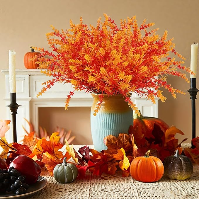 Geegoods 16 Bundles Artificial Fall Flowers Outdoor – Faux Lavender Flowers with Monkey Grass UV Resistant Plastic Faux Plants for Halloween Front Door Porch Patio Yard Balcony Decor, Orange Color-Ruum Studio Home