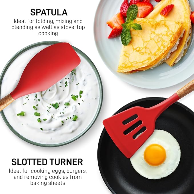 Zulay Kitchen Utensils Set Non-Stick Silicone Cooking Utensils Set with Authentic Acacia Wood Handles - 5 Piece Silicone Utensil Set - Silicone Kitchen Utensils Set with 464°F Heat Resistance - Red-Ruum Studio Home