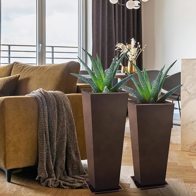 KOL 25'' & 28'' Tall Galvanized Steel Planter with Saucer, Metal Planter Pots for Indoor & Outdoor Use, Decorative Flower Plant Pots with Drainage Hole for Front Porch, Patio, Deck - Rust Color-Ruum Studio Home