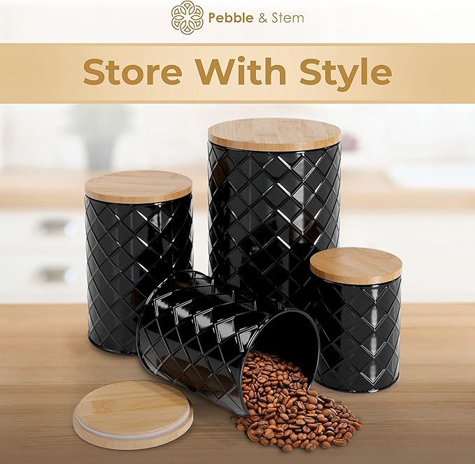 Pebble & Stem® Black Metal Canister Set for the Kitchen Counter, Food Canister Set of 4, Airtight Lids, Sugar and Flour Containers for Countertops, Coffee and Tea Storage, Farmhouse Decor-Ruum Studio Home