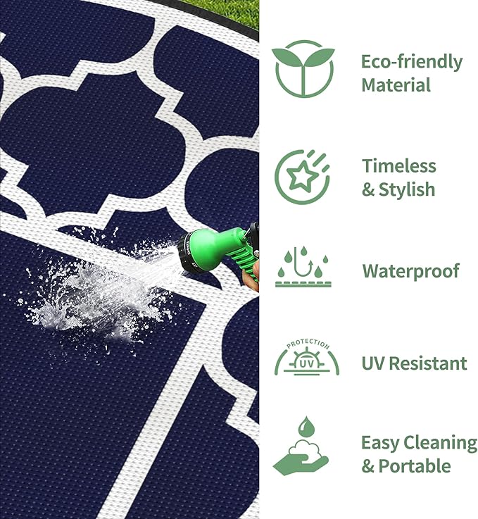 GENIMO 8' Round Outdoor Rug Waterproof for Patio Decor, Foldable Reversible Plastic Straw Area Rugs Mat for Rv, Outside Carpet for Camper, Deck, Picnic, Beach, Balcony, Camper, Blue & White-Ruum Studio Home