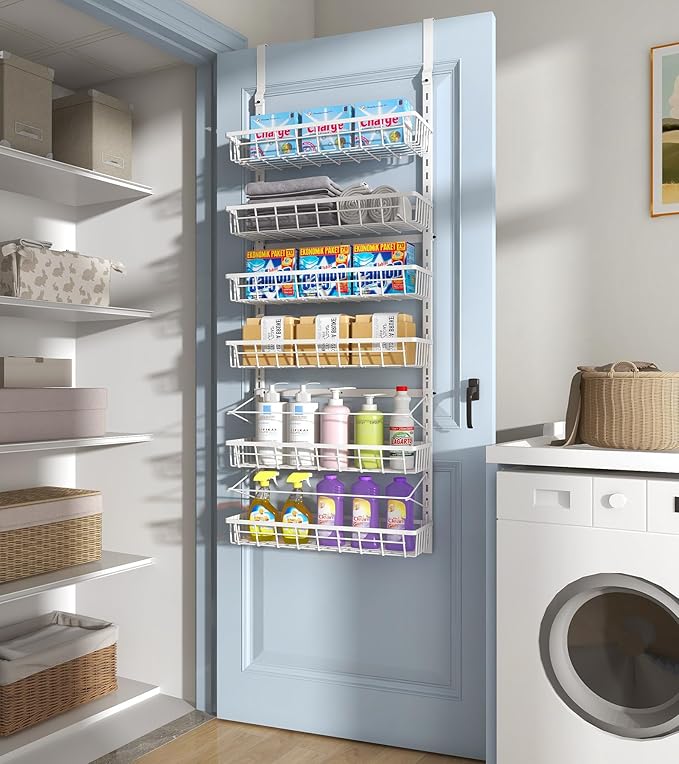 Over The Door Pantry Organizer, Wall Mount Spice Rack, Pantry Hanging Storage and Organization, 6 Adjustable Baskets Heavy-Duty Metal for Home & Kitchen, Back of Door Seasoning Rack - White-Ruum Studio Home
