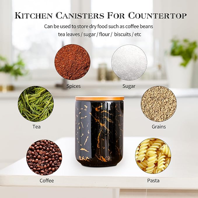 Black Ceramic Canister Set with Wooden Lid, 3-Piece Food Storage Jars for Kitchen Counter, Storage Container for Sugar, Coffee, Tea, Spice-Ruum Studio Home